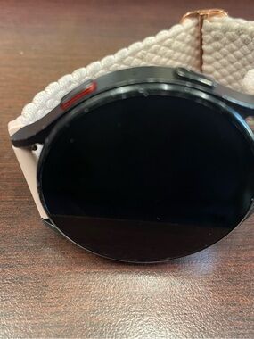 Samsung Watch with Black Face and Cream Woven Band